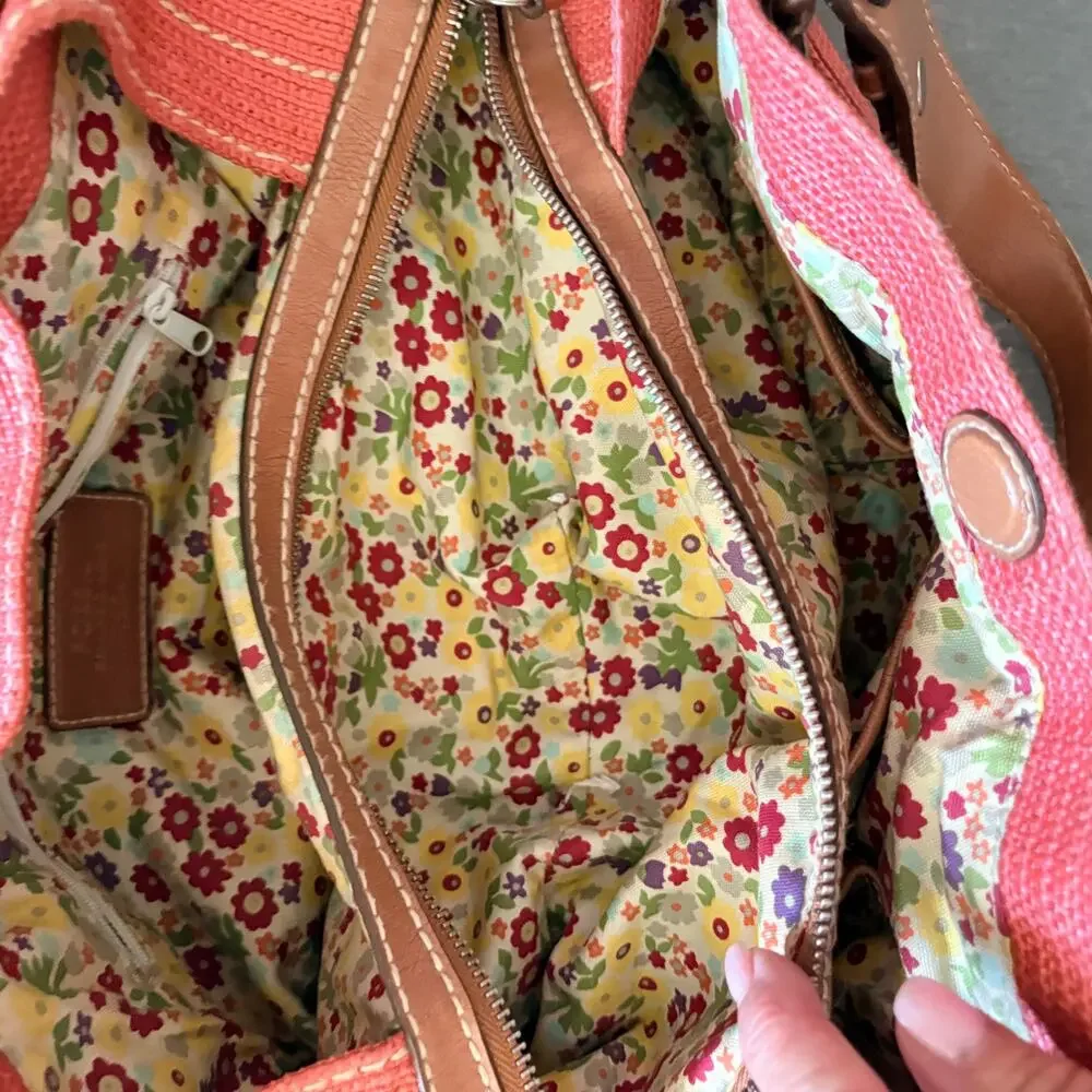 Fossil Y2K Coral Woven Leather Shoulder Bag Floral Lining Boho Handbag
